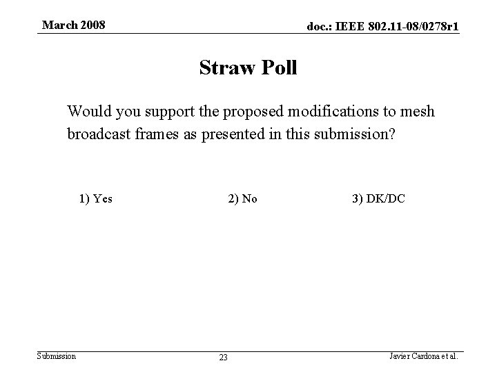 March 2008 doc. : IEEE 802. 11 -08/0278 r 1 Straw Poll Would you