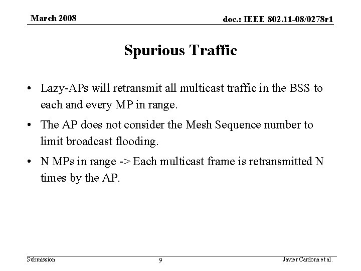 March 2008 doc. : IEEE 802. 11 -08/0278 r 1 Spurious Traffic • Lazy-APs