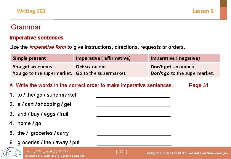 Writing 103 Lesson 5 Grammar Imperative sentences Use the imperative form to give instructions,