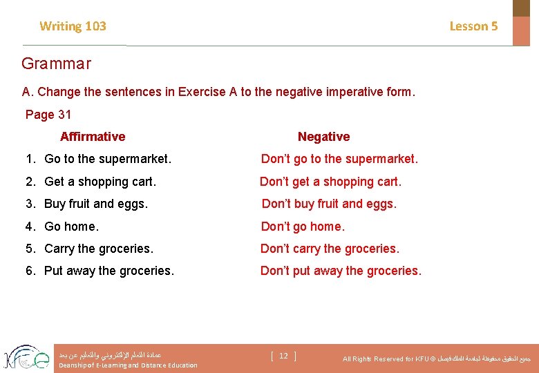 Writing 103 Lesson 5 Grammar A. Change the sentences in Exercise A to the
