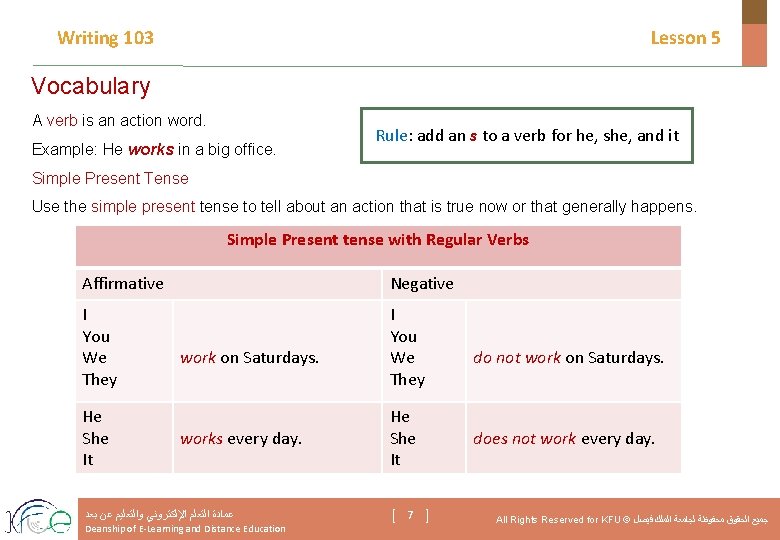 Writing 103 Lesson 5 Vocabulary A verb is an action word. Example: He works