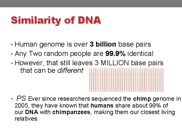 Similarity of DNA • Human genome is over 3 billion base pairs • Any