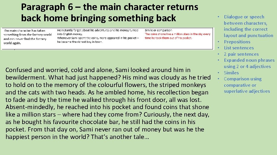 Paragraph 6 – the main character returns back home bringing something back Confused and