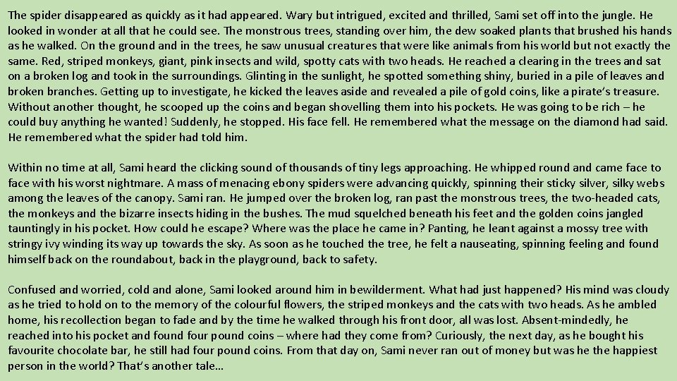 The spider disappeared as quickly as it had appeared. Wary but intrigued, excited and