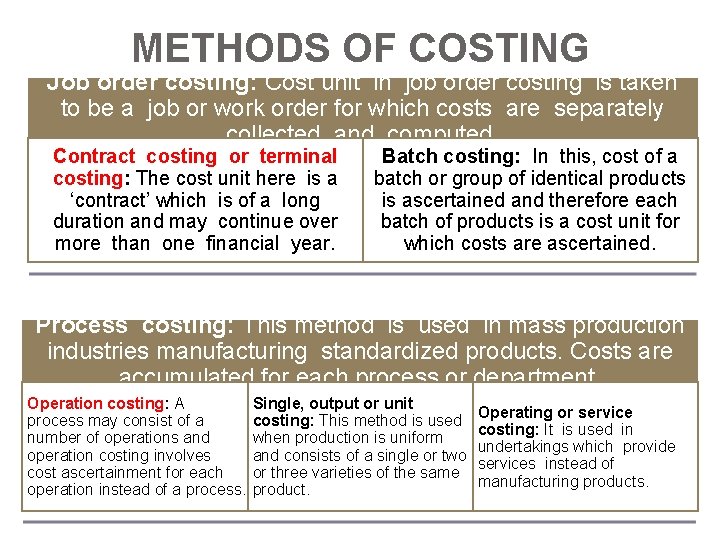 METHODS OF COSTING Job order costing: Cost unit in job order costing is taken METHODS OF COSTING Job order costing: Cost unit in job order costing is taken