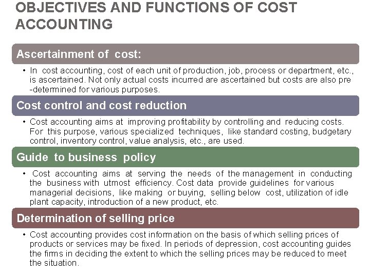 OBJECTIVES AND FUNCTIONS OF COST ACCOUNTING Ascertainment of cost: • In cost accounting, cost OBJECTIVES AND FUNCTIONS OF COST ACCOUNTING Ascertainment of cost: • In cost accounting, cost