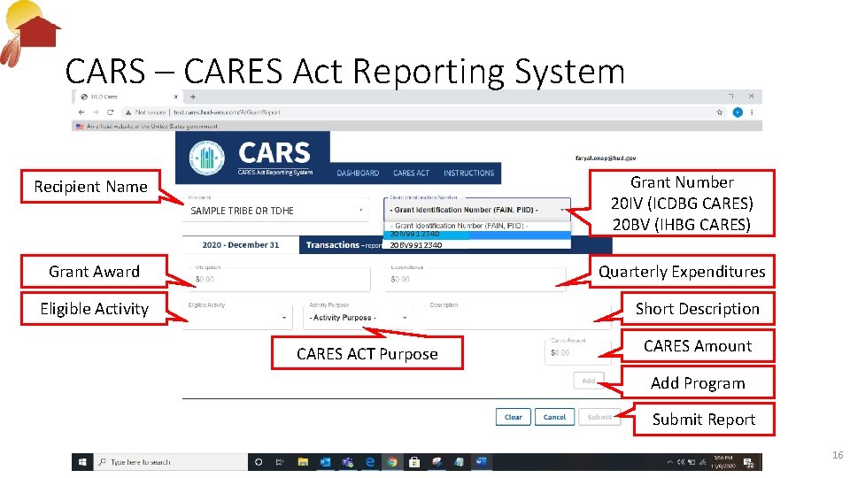 CARS – CARES Act Reporting System Recipient Name SAMPLE TRIBE OR TDHE 20 IV