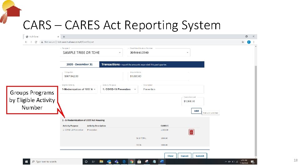 CARS – CARES Act Reporting System SAMPLE TRIBE OR TDHE 20 BV 9912340 Groups