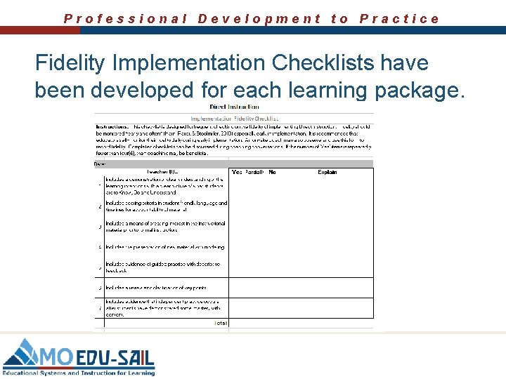 Professional Development to Practice Fidelity Implementation Checklists have been developed for each learning package.