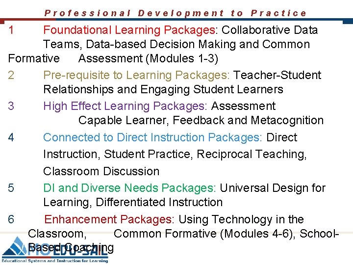 Professional Development to Practice 1 Foundational Learning Packages: Collaborative Data Teams, Data-based Decision Making