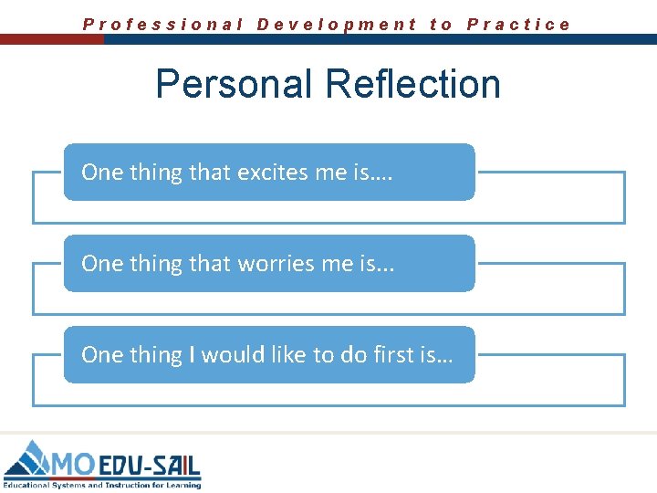 Professional Development to Practice Personal Reflection One thing that excites me is…. One thing