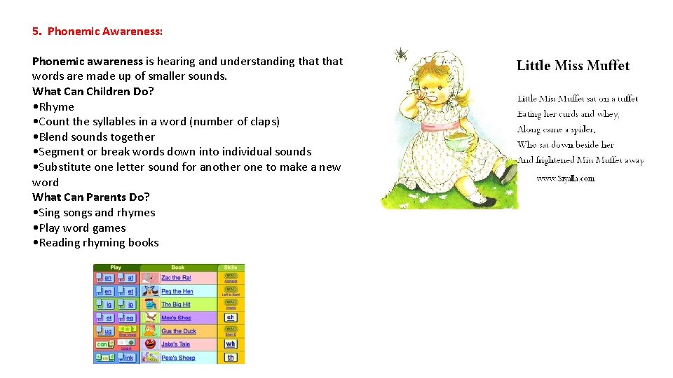 5. Phonemic Awareness: Phonemic awareness is hearing and understanding that words are made up