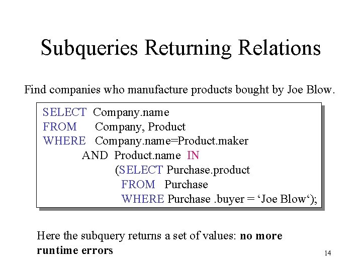 Subqueries Returning Relations Find companies who manufacture products bought by Joe Blow. SELECT Company.