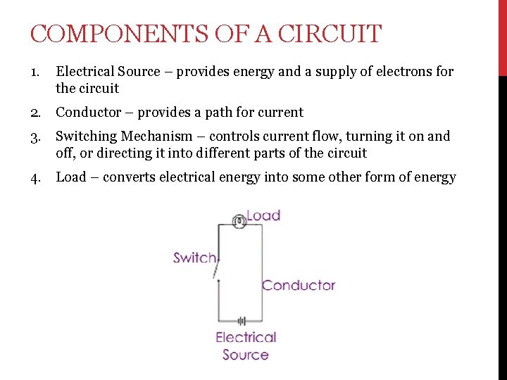 COMPONENTS OF A CIRCUIT 1. Electrical Source – provides energy and a supply of