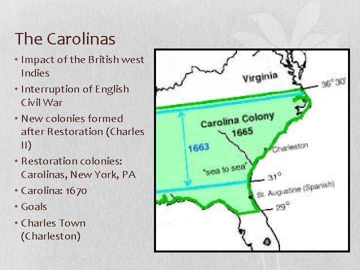 The Carolinas • Impact of the British west Indies • Interruption of English Civil