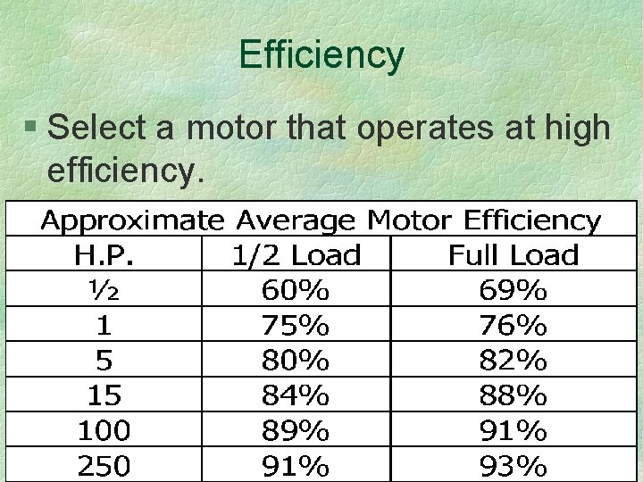 Efficiency § Select a motor that operates at high efficiency. 