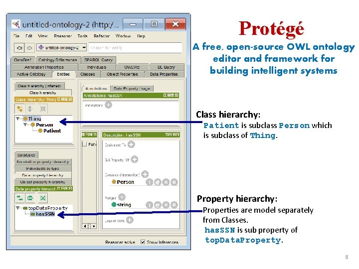 Protégé A free, open-source OWL ontology editor and framework for building intelligent systems Class