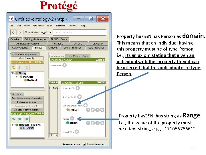 Protégé Property has. SSN has Person as domain. This means that an individual having