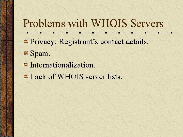 Problems with WHOIS Servers Privacy: Registrant’s contact details. Spam. Internationalization. Lack of WHOIS server