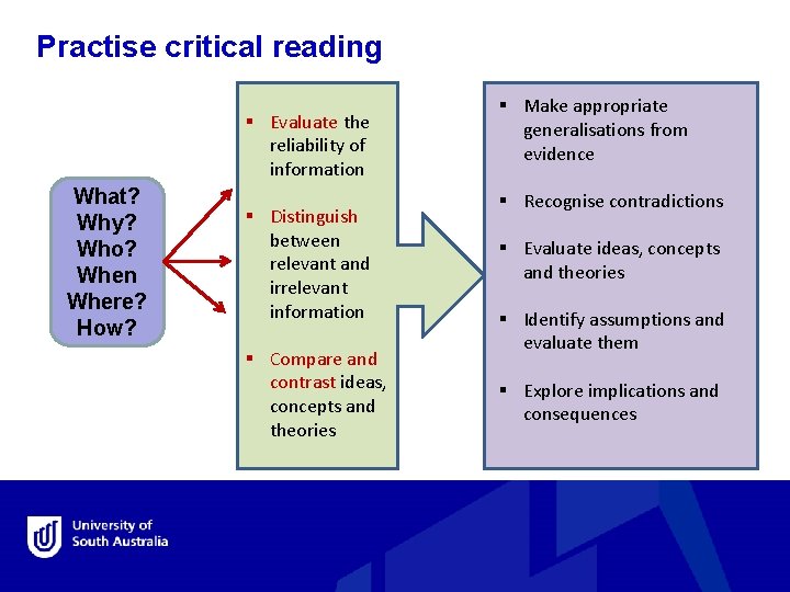 Practise critical reading § Evaluate the reliability of information What? Why? Who? When Where?