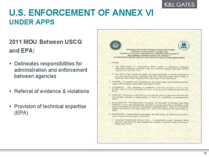 U. S. ENFORCEMENT OF ANNEX VI UNDER APPS 2011 MOU Between USCG and EPA: