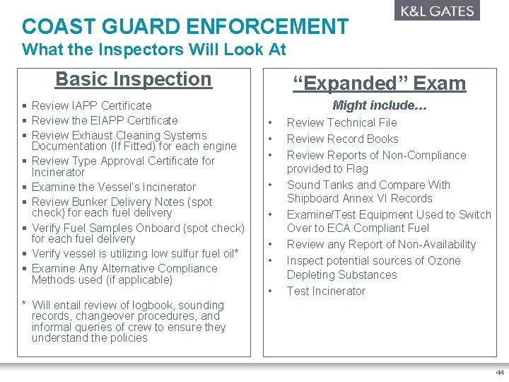 COAST GUARD ENFORCEMENT What the Inspectors Will Look At Basic Inspection “Expanded” Exam §