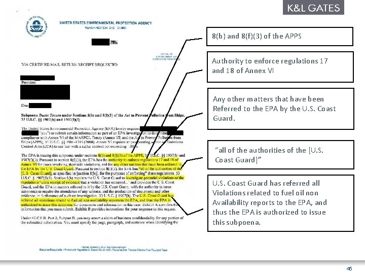 8(b) and 8(f)(3) of the APPS Authority to enforce regulations 17 and 18 of