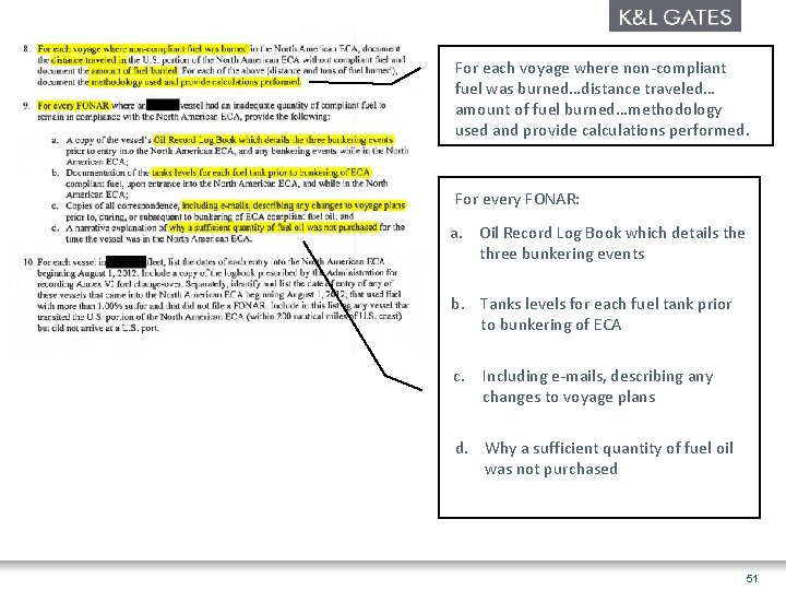 For each voyage where non-compliant fuel was burned…distance traveled… amount of fuel burned…methodology used