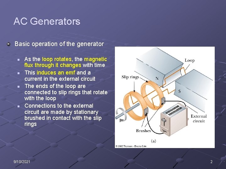 AC Generators Basic operation of the generator n n As the loop rotates, the