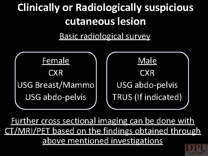 Clinically or Radiologically suspicious cutaneous lesion Basic radiological survey Female CXR USG Breast/Mammo USG