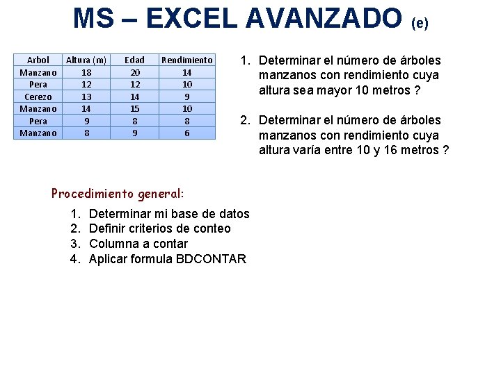 MS – EXCEL AVANZADO (e) Arbol Manzano Pera Cerezo Manzano Pera Manzano Altura (m)