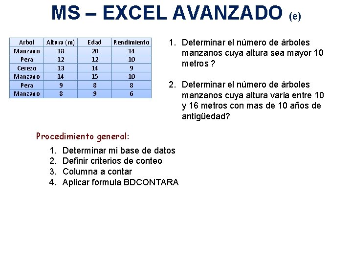 MS – EXCEL AVANZADO (e) Arbol Manzano Pera Cerezo Manzano Pera Manzano Altura (m)