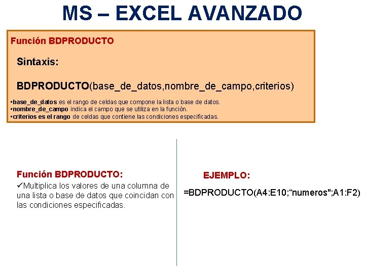 MS – EXCEL AVANZADO Función BDPRODUCTO Sintaxis: BDPRODUCTO(base_de_datos, nombre_de_campo, criterios) • base_de_datos es el