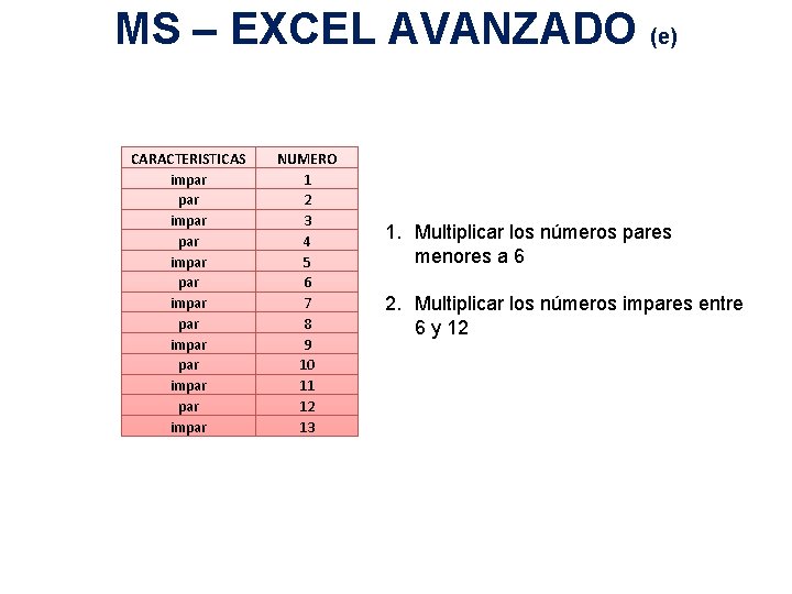 MS – EXCEL AVANZADO (e) CARACTERISTICAS impar par impar par impar NUMERO 1 2