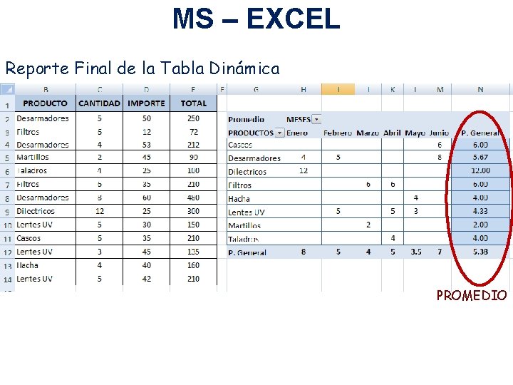 MS – EXCEL Reporte Final de la Tabla Dinámica PROMEDIO 