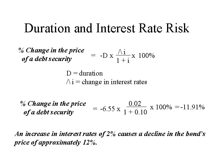 Duration and Interest Rate Risk % Change in the price of a debt security