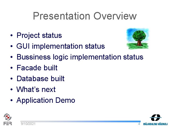 Presentation Overview • • Project status GUI implementation status Bussiness logic implementation status Facade