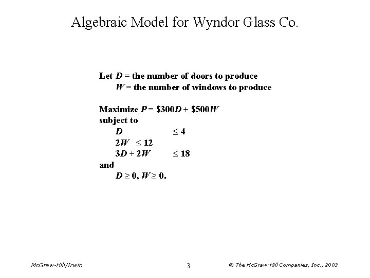 Algebraic Model for Wyndor Glass Co. Let D = the number of doors to