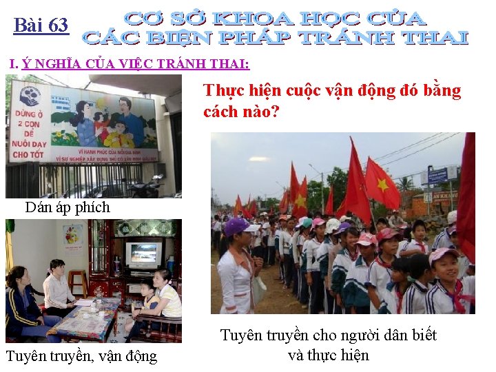 Bài 63 I. Ý NGHĨA CỦA VIỆC TRÁNH THAI: Thực hiện cuộc vận động