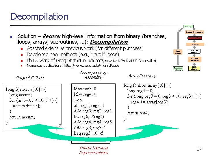 Decompilation Binary n Profiling & partitioning Solution – Recover high-level information from binary (branches,