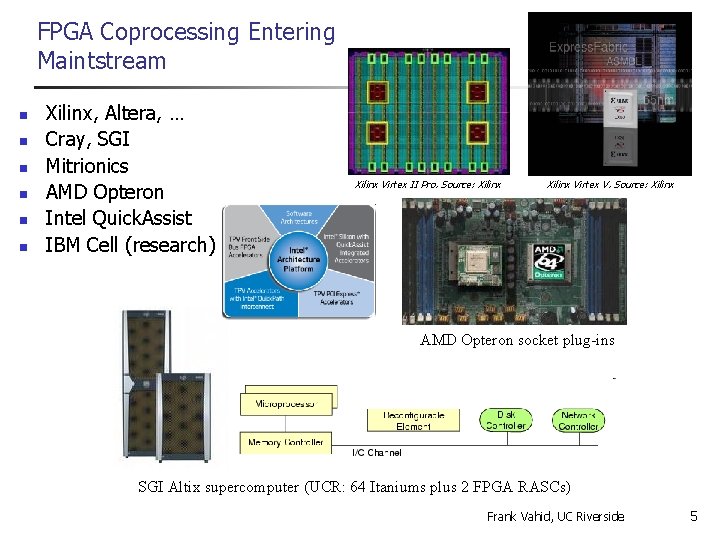 FPGA Coprocessing Entering Maintstream n n n Xilinx, Altera, … Cray, SGI Mitrionics AMD