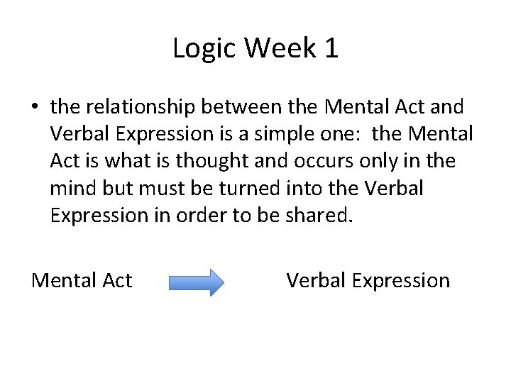 Logic Week 1 • the relationship between the Mental Act and Verbal Expression is