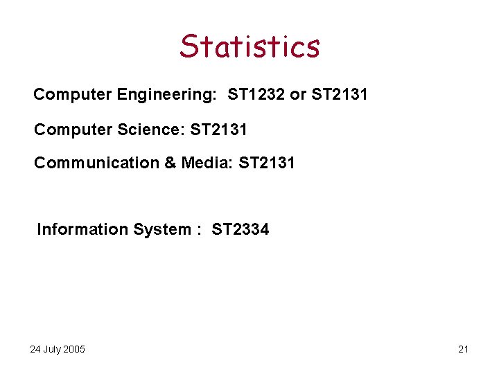 Statistics Computer Engineering: ST 1232 or ST 2131 Computer Science: ST 2131 Communication &