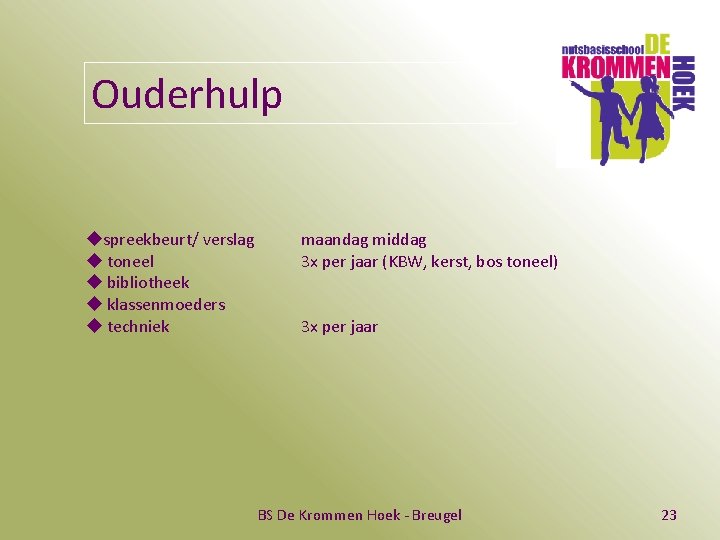 Ouderhulp uspreekbeurt/ verslag u toneel u bibliotheek u klassenmoeders u techniek maandag middag 3