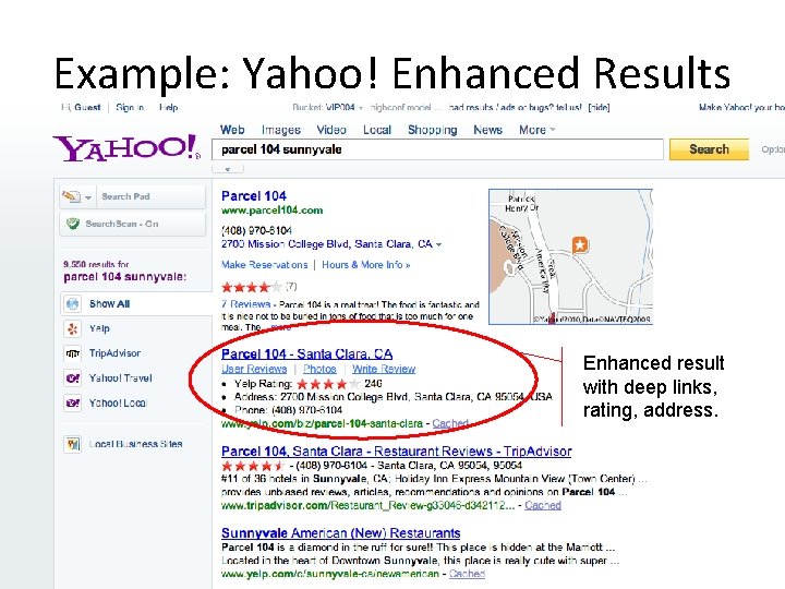 Example: Yahoo! Enhanced Results Enhanced result with deep links, rating, address. Example: Yahoo! Enhanced Results Enhanced result with deep links, rating, address.