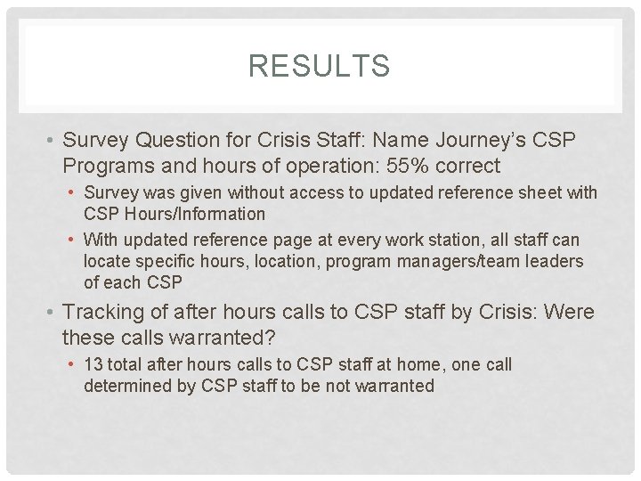 RESULTS • Survey Question for Crisis Staff: Name Journey’s CSP Programs and hours of