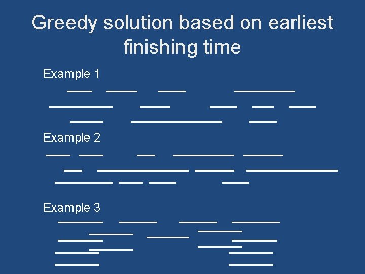 Greedy solution based on earliest finishing time Example 1 Example 2 Example 3 