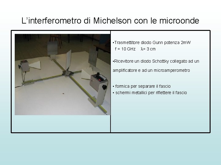 L’interferometro di Michelson con le microonde • Trasmettitore diodo Gunn potenza 2 m. W