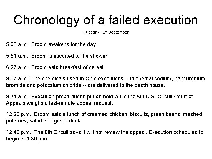 Chronology of a failed execution Tuesday 15 th September 5: 08 a. m. :