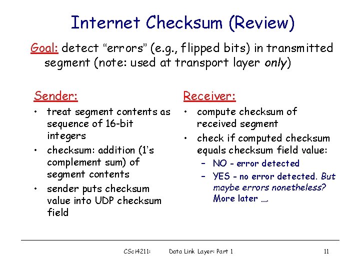 Internet Checksum (Review) Goal: detect “errors” (e. g. , flipped bits) in transmitted segment